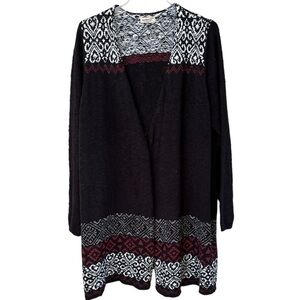 One World open cardigan long black with designed sections long sleeves size 2X